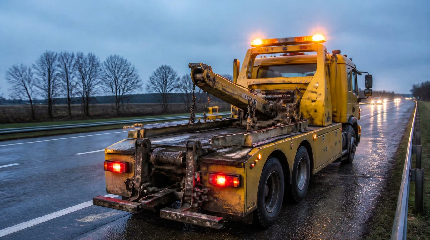 Abschleppfahrzeug mit gelber Rundumleuchte in der Dämmerung